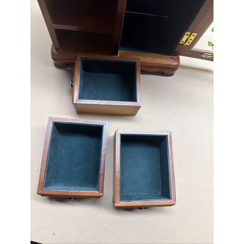 Vtg 80s Gunther Mele Dresser Top Jewelry Armoire box; Floral Painted Glass Door - Picture 10 of 12